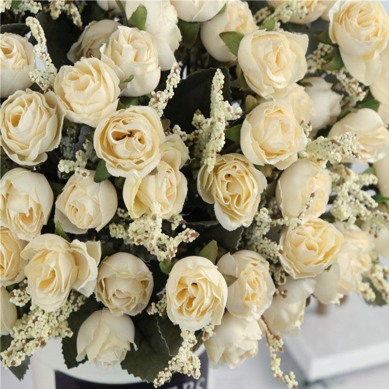 11 Inch Artificial Silk Rose Bush with 15 Heads and Mixed Grass Ears, Bulk Wholesale