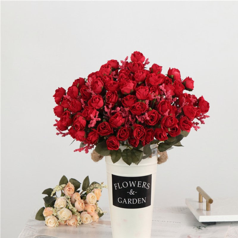 11 Inch Artificial Silk Rose Bush with 15 Heads and Mixed Grass Ears, Bulk Wholesale