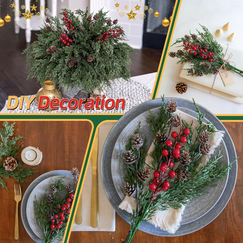 18 Pcs Faux Pine Stems with Pinecones and Red Berries, Realistic Artificial Greenery Branches for Vases, DIY Decor
