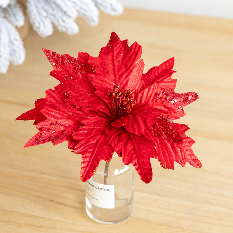 10 Pcs Large Artificial Christmas Poinsettia Flowers with Glitter for Tree Ornaments