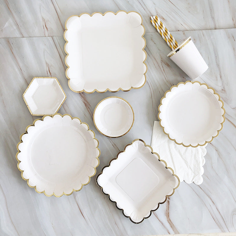 Bulk Disposable Square Round Paper Plates Sets with Foil Scalloped Edges for Wedding Bridal Shower Birthday Wholesale