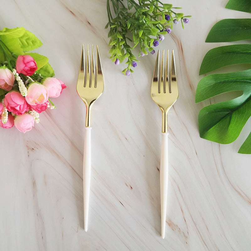 Bulk 8Pcs Disposable Tableware Sets with White Handle for Christmas New Year Birthday Wedding Party Restaurant Wholesale