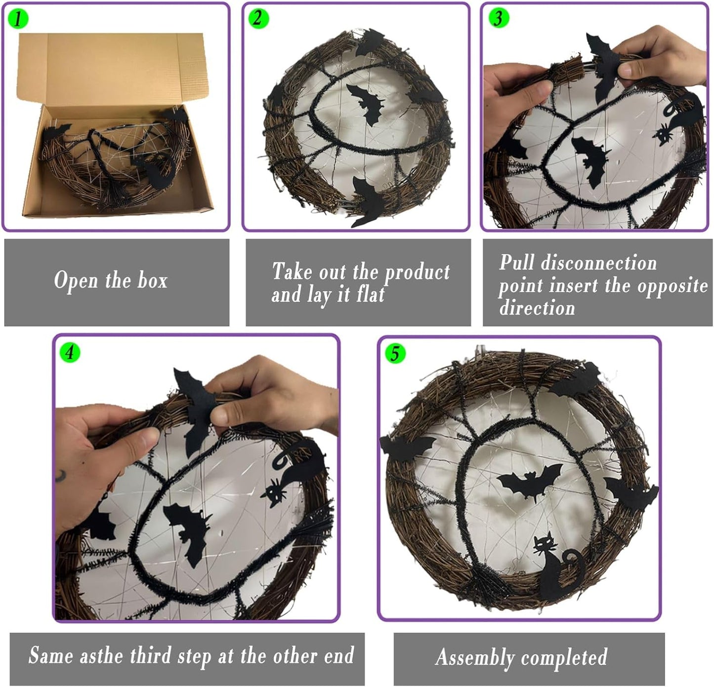 Bulk 2 Pcs LED Halloween Wreath - Spooky Black Bat and Cat Decorations for Home and Party Decor Wholesale