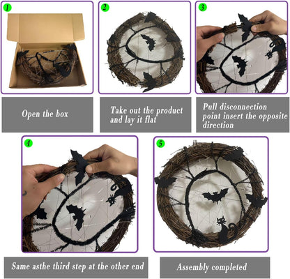 Bulk 2 Pcs LED Halloween Wreath - Spooky Black Bat and Cat Decorations for Home and Party Decor Wholesale