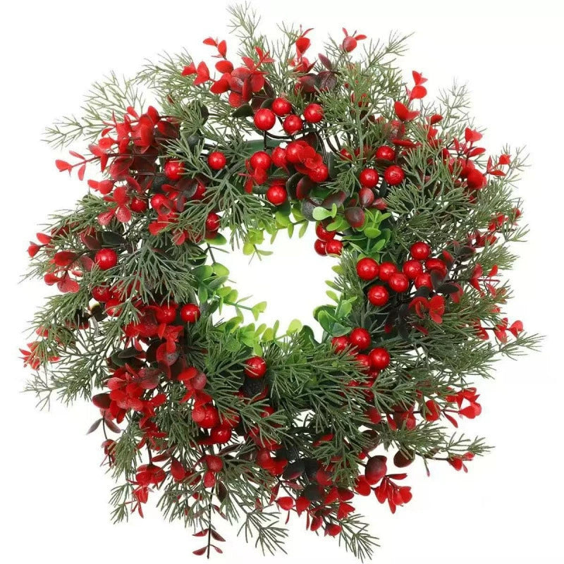 13.8" Christmas Wreath with Red Berries & Cypress Leaves, Front Door Wreath for Christmas Decor, Indoor Outdoor Holiday Hanging Decoration