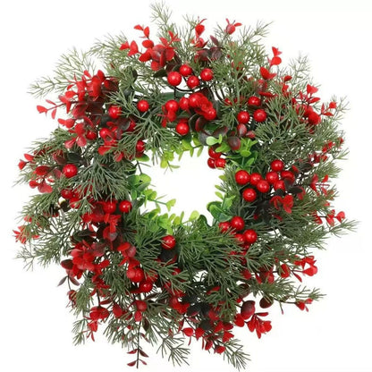 13.8" Christmas Wreath with Red Berries & Cypress Leaves, Front Door Wreath for Christmas Decor, Indoor Outdoor Holiday Hanging Decoration
