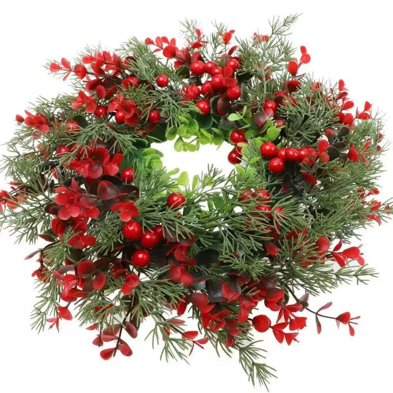 13.8" Christmas Wreath with Red Berries & Cypress Leaves, Front Door Wreath for Christmas Decor, Indoor Outdoor Holiday Hanging Decoration