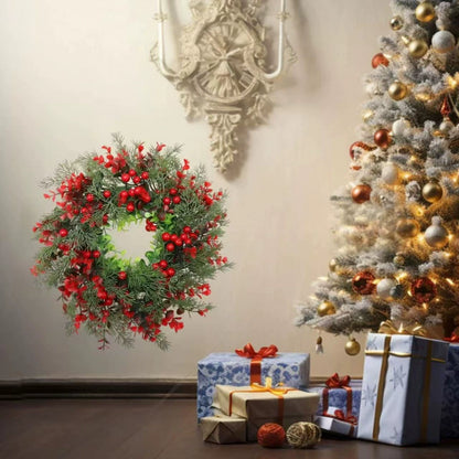 13.8" Christmas Wreath with Red Berries & Cypress Leaves, Front Door Wreath for Christmas Decor, Indoor Outdoor Holiday Hanging Decoration