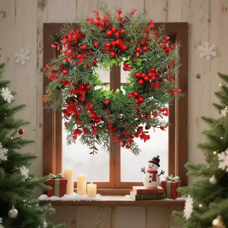 13.8" Christmas Wreath with Red Berries & Cypress Leaves, Front Door Wreath for Christmas Decor, Indoor Outdoor Holiday Hanging Decoration