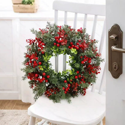 13.8" Christmas Wreath with Red Berries & Cypress Leaves, Front Door Wreath for Christmas Decor, Indoor Outdoor Holiday Hanging Decoration