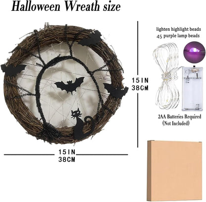 Bulk 2 Pcs LED Halloween Wreath - Spooky Black Bat and Cat Decorations for Home and Party Decor Wholesale