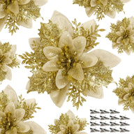 Bulk 12 Pcs Gold Glitter Artificial Poinsettia Flowers with Clips Christmas Tree Ornaments for DIY Wreaths Holiday Home and Party Decor Wholesale