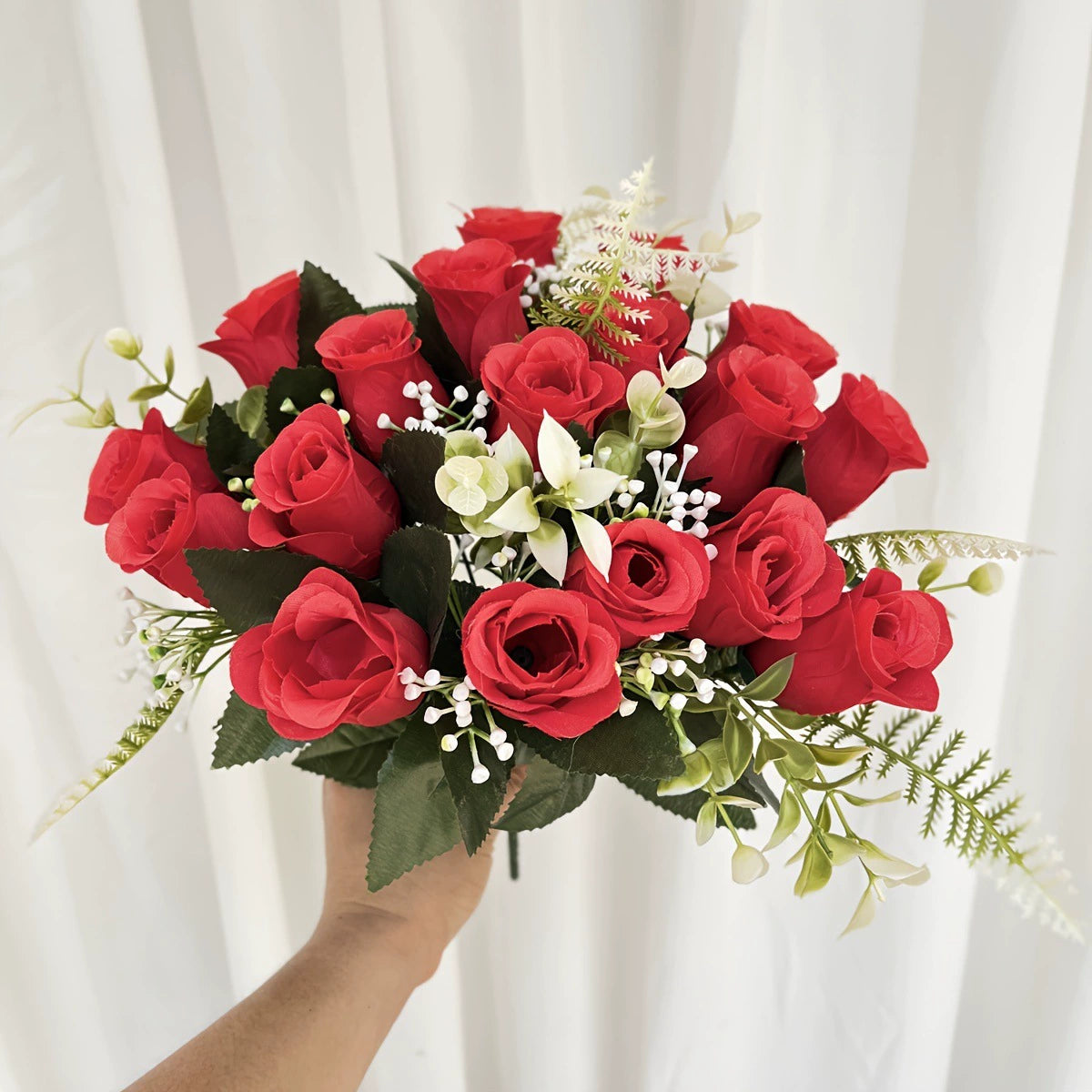 15-Inch Memorial Artificial Rose Bouquet – Tombstone Grave Decoration (With Grave Stake)