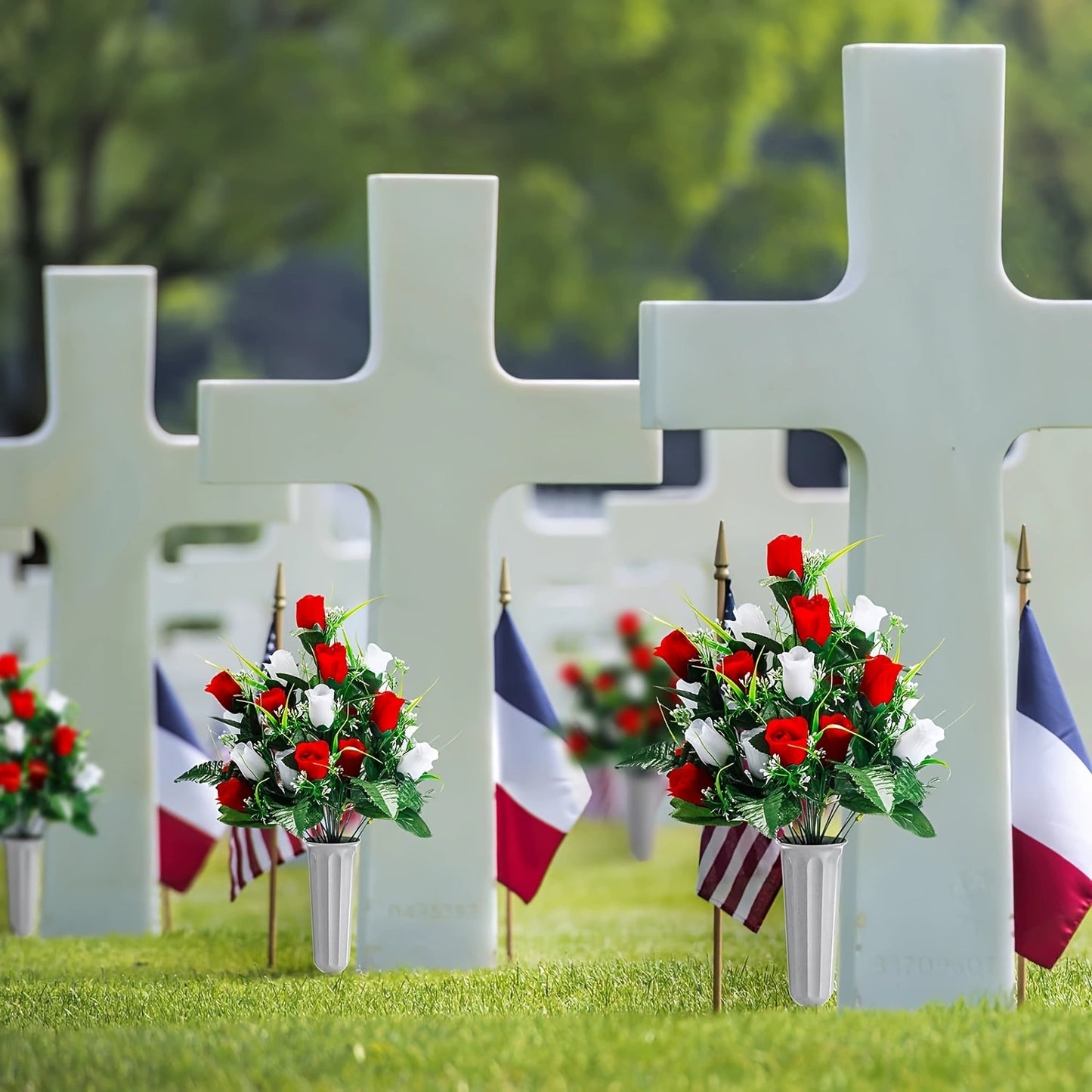 15-Inch Memorial Artificial Rose Bouquet – Tombstone Grave Decoration (With Grave Stake)