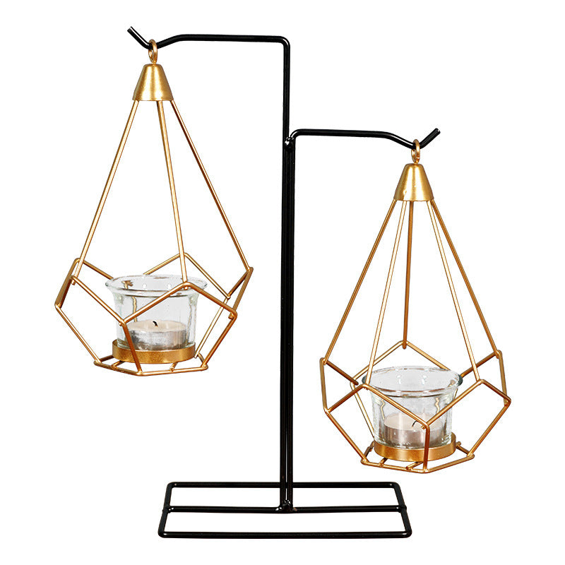 Bulk Irregular Candle Holder with Hanging Geometric Basket Tall Black Iron Stand Candlestick for Tabletop Centerpiece Wholesale