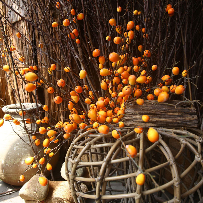 Artificial Loquat Fruit Branch, Single Stem with 16 Blooms, 39" Long, Realistic Plastic Faux Floral for Home Decor, Events, and Commercial Spaces