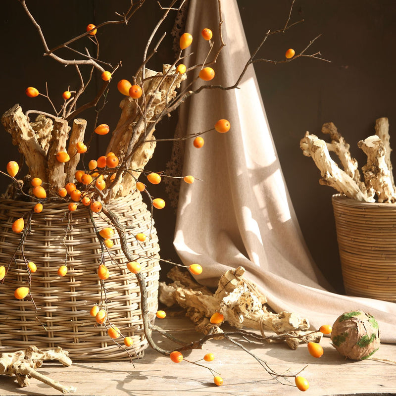 Artificial Loquat Fruit Branch, Single Stem with 16 Blooms, 39" Long, Realistic Plastic Faux Floral for Home Decor, Events, and Commercial Spaces