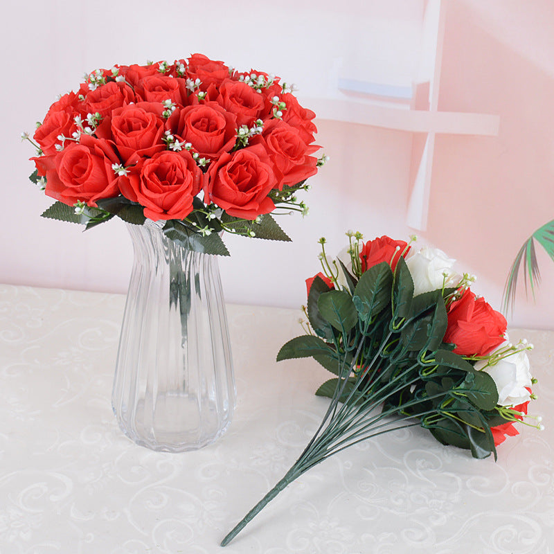 14 Inch Artificial Rose Bushes with Mixed Baby's Breath, 10 Pcs Silk Flowers Bulk Pack