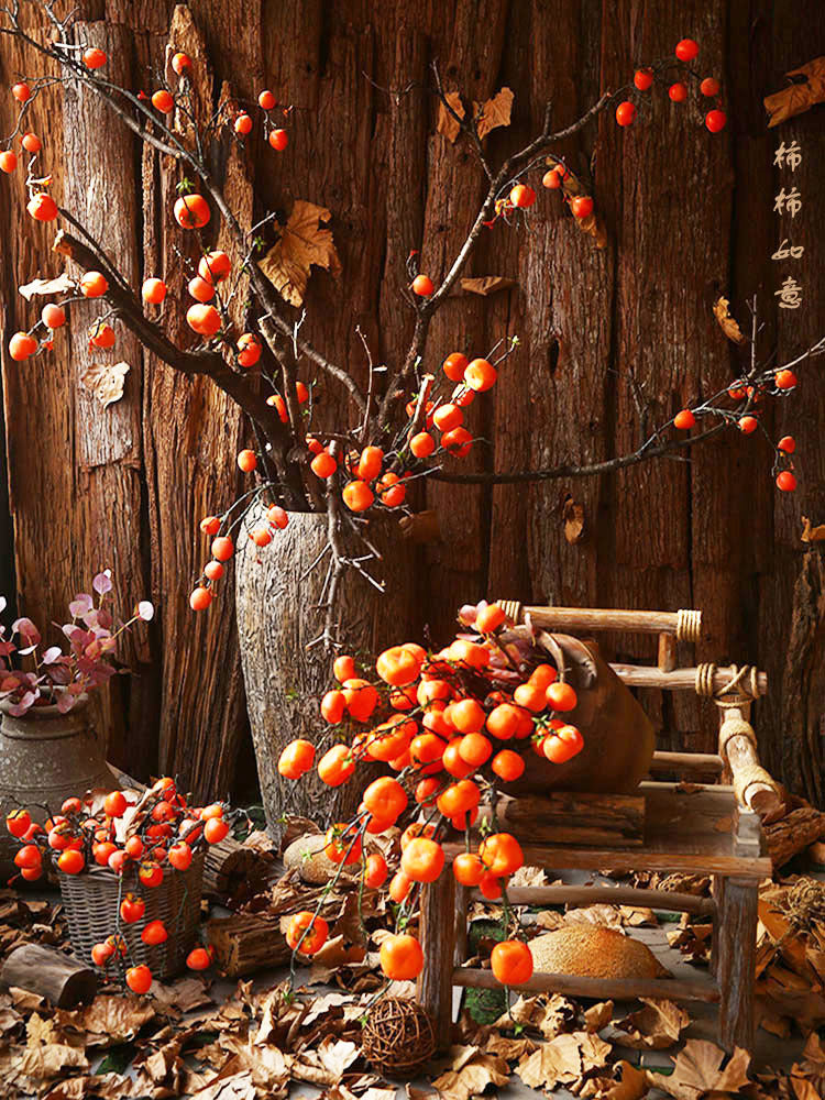 Artificial Persimmon Branch, Single Stem with 6 Red-Orange Faux Fruits, 43" Tall Rustic Fall Decor for Home, Wedding Centerpieces, Seasonal Displays