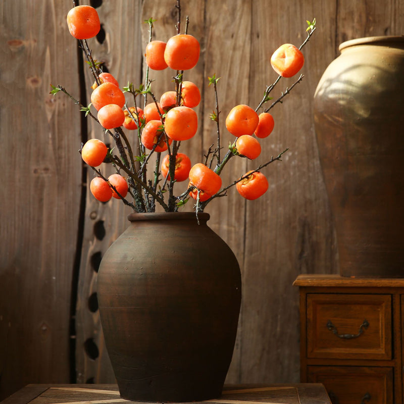 Artificial Persimmon Branch, Single Stem with 6 Red-Orange Faux Fruits, 43" Tall Rustic Fall Decor for Home, Wedding Centerpieces, Seasonal Displays