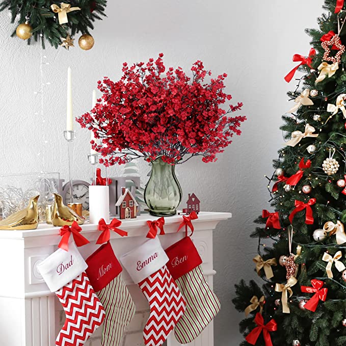 15 Pcs Red Artificial Baby's Breath Flowers, Real Touch Silk Gypsophila Bouquet