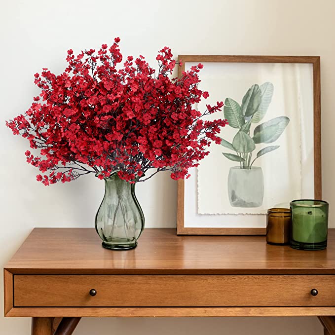 15 Pcs Red Artificial Baby's Breath Flowers, Real Touch Silk Gypsophila Bouquet