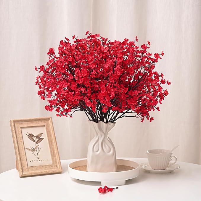 15 Pcs Red Artificial Baby's Breath Flowers, Real Touch Silk Gypsophila Bouquet