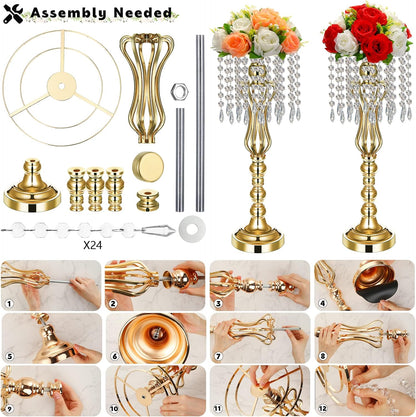 Bulk 21.3 Inch Gold-Plated Crystal Acrylic Flower Stand with Hanging Beads Elegant Centerpiece Vases for Weddings, Parties, and Home Decor Wholesale