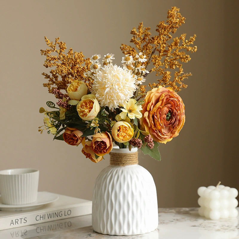 16.1" Faux Flower Bouquet with Ranunculus & Statice, Vintage-Inspired Artificial Floral Arrangement for Home Decor, High-End Accent