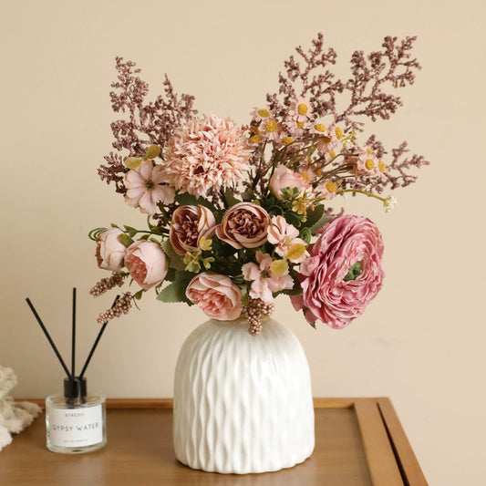 16.1" Faux Flower Bouquet with Ranunculus & Statice, Vintage-Inspired Artificial Floral Arrangement for Home Decor, High-End Accent