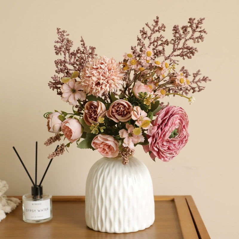 16.1" Faux Flower Bouquet with Ranunculus & Statice, Vintage-Inspired Artificial Floral Arrangement for Home Decor, High-End Accent