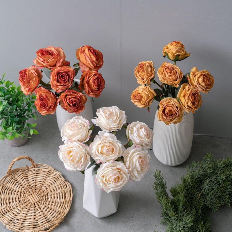 16.9 Inch Artificial Burnt-Edge Rose Bouquet, 10 Stems, Fall Colors Silk Flowers for Autumn Decor, Thanksgiving & Harvest Displays
