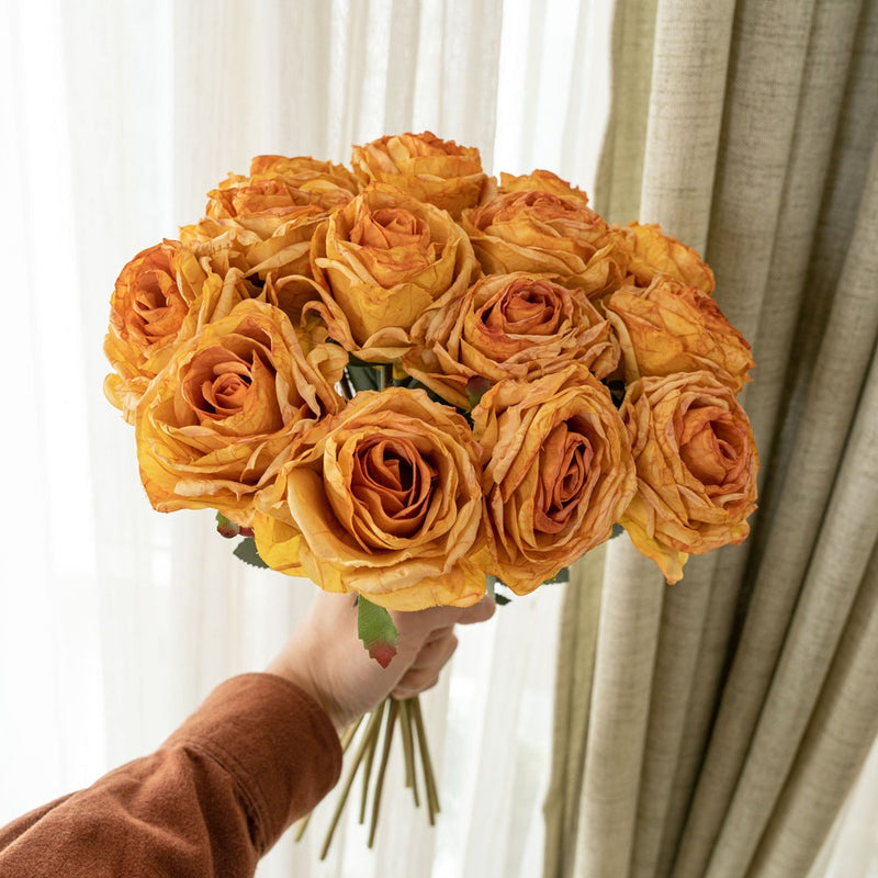 16.9 Inch Artificial Burnt-Edge Rose Bouquet, 10 Stems, Fall Colors Silk Flowers for Autumn Decor, Thanksgiving & Harvest Displays