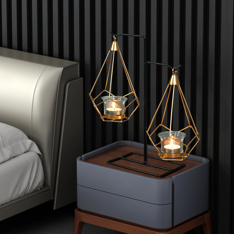 Bulk Irregular Candle Holder with Hanging Geometric Basket Tall Black Iron Stand Candlestick for Tabletop Centerpiece Wholesale