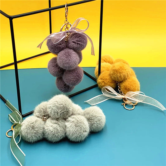 Wedding Favors Grape Keychains - 2 Pack Mink-Like Plush Fur with Bow Multi-Color Options