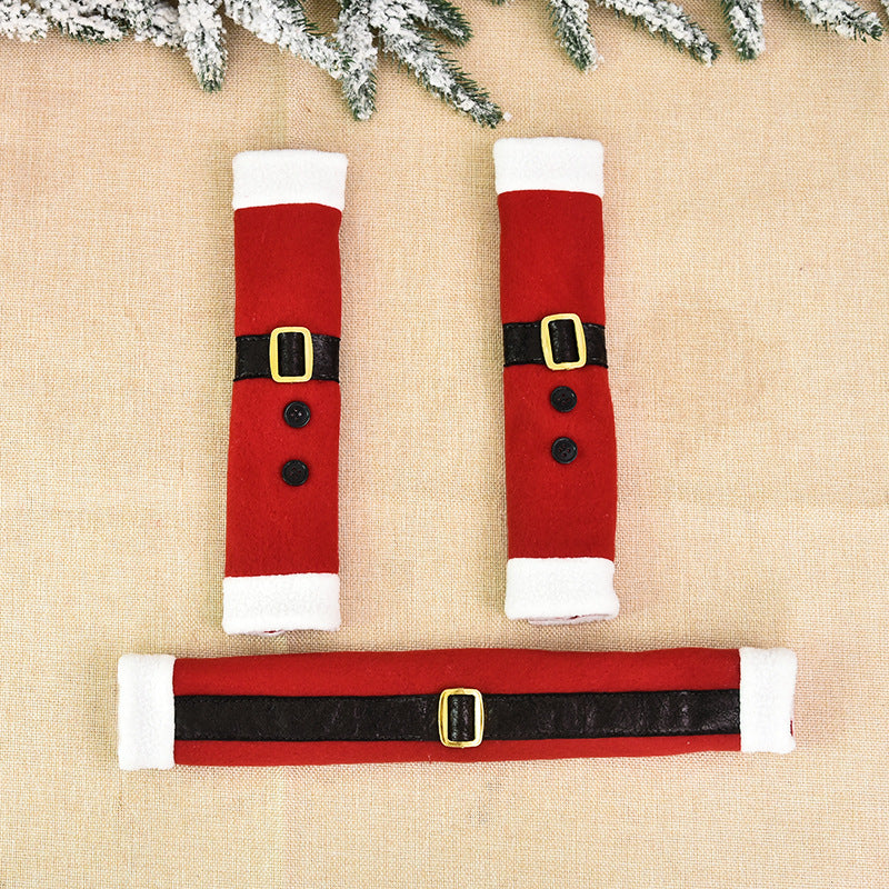 Christmas Santa Belt Handle Covers 3-Piece Set - Fleece Fridge Door & Microwave Decor
