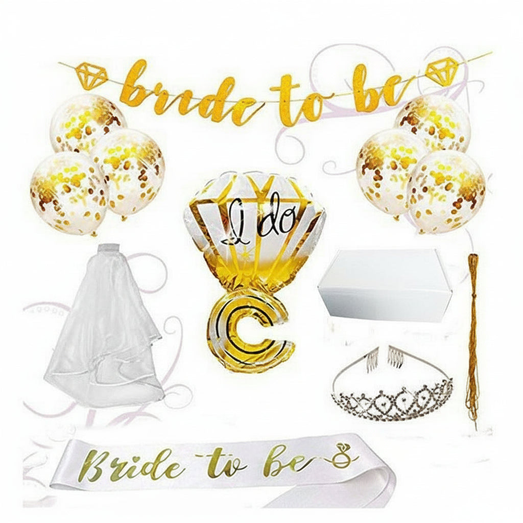 Bachelorette Party 6-Piece Gold Decor Kit - Bride to Be Sash Tiara & Balloons Set