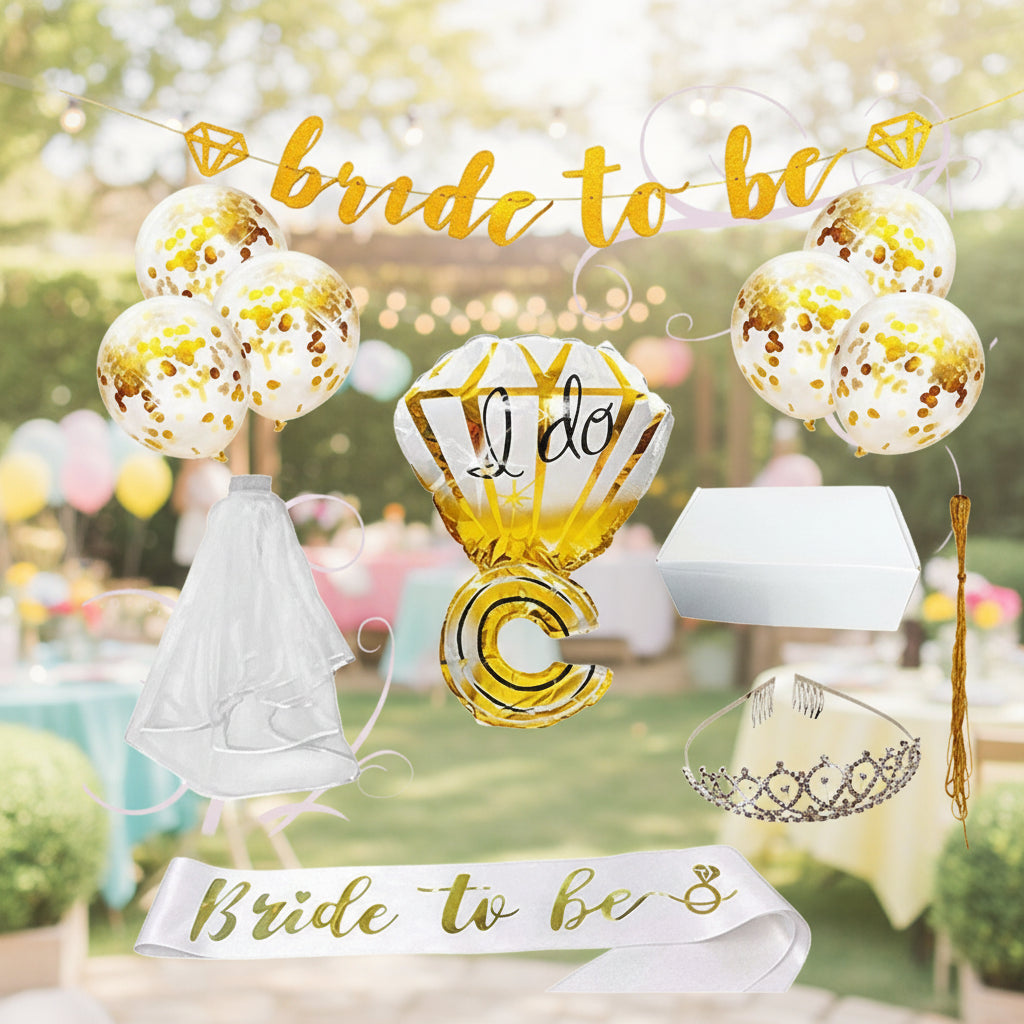 Bachelorette Party 6-Piece Gold Decor Kit - Bride to Be Sash Tiara & Balloons Set