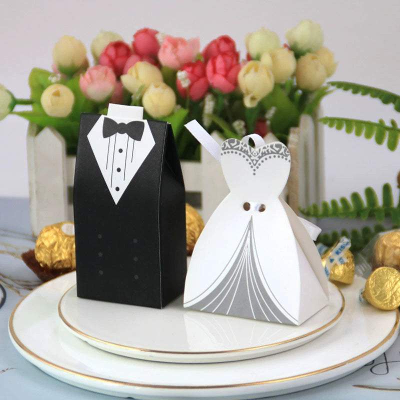 Bulk 50 Pcs Bride & Groom Wedding Party Favor Boxes Set Elegant Dress & Tuxedo Themed Candy Gift Boxes for Bridal Showers Receptions Party Decor Wholesale