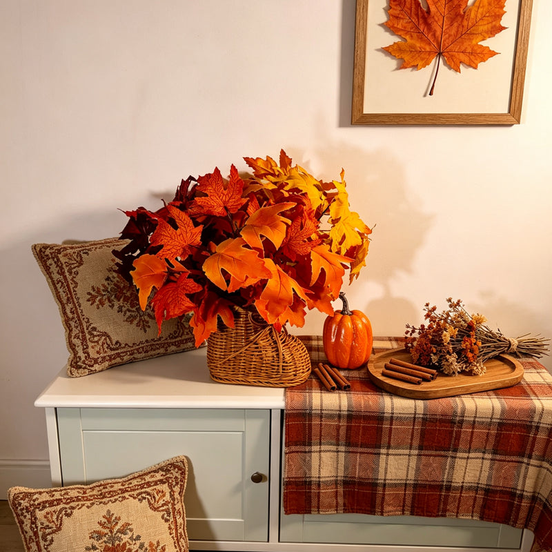 Rich Autumn Maple Leaf Stems, 3-Pack 14" Realistic Fall Branches for Thanksgiving Table Decor, Wedding Centerpieces, Cozy Home Accent