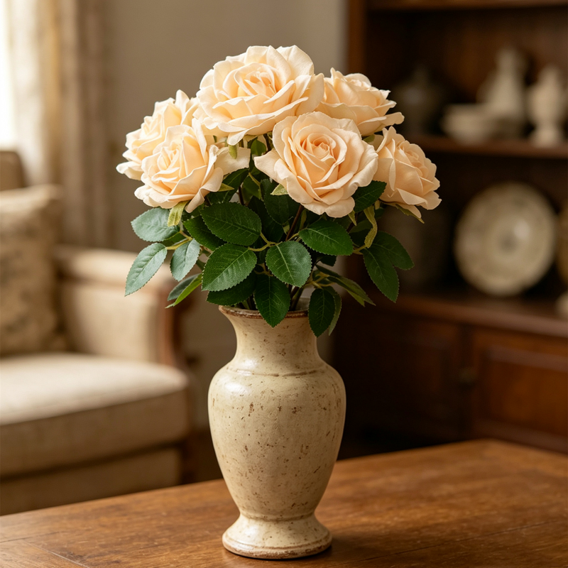 35cm Cream Rose Bouquet, Realistic Silk Flowers, Perfect for Home Decor, Weddings, and Seasonal Arrangements