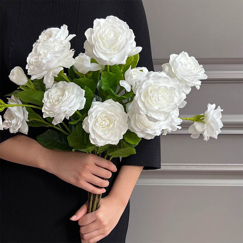 Real Touch White Gardenia Stem, 22" Tall with 2 Large Blooms, Lifelike Faux Flowers for Wedding Bouquets, Centerpieces, and Elegant Home Decor