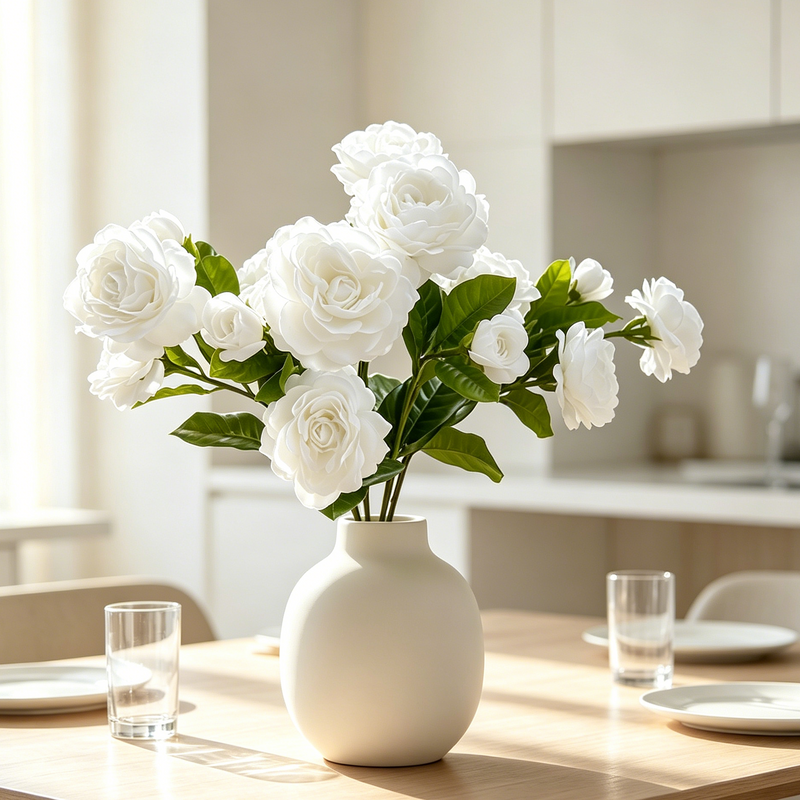 Real Touch White Gardenia Stem, 22" Tall with 2 Large Blooms, Lifelike Faux Flowers for Wedding Bouquets, Centerpieces, and Elegant Home Decor