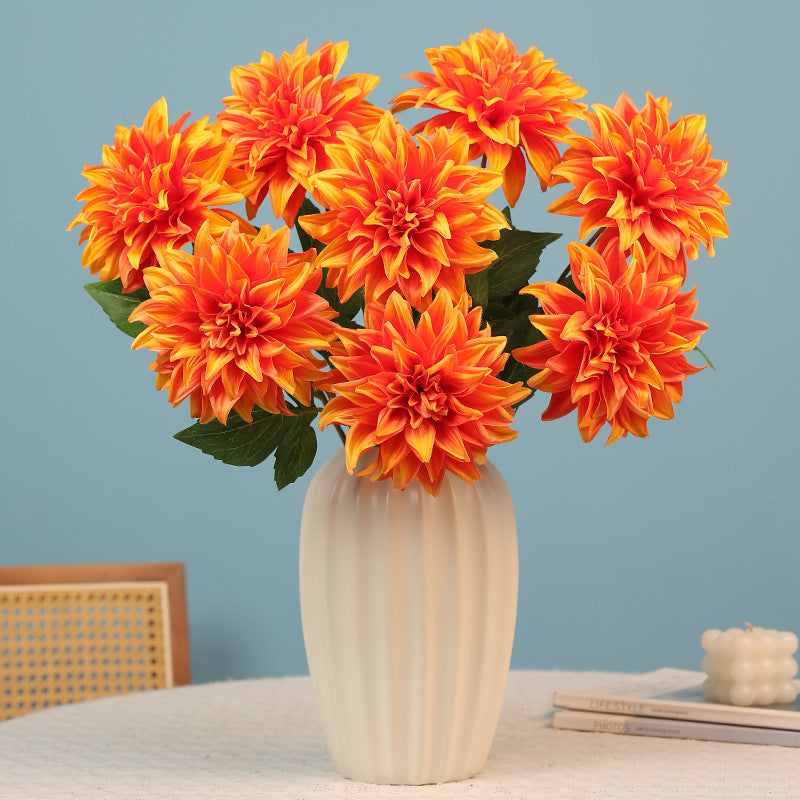 8 Pcs Faux Dahlia Stems, 21" Tall with Large 5" Blooms, Realistic Silk Flowers in Sunset Orange for Fall Wedding Bouquets, Home Decor Vase Arrangements