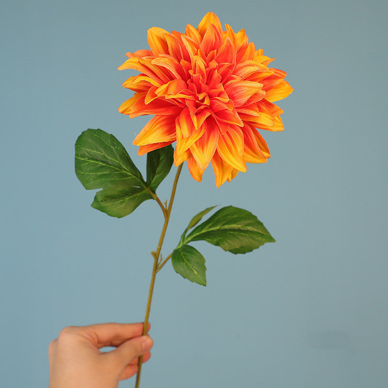 8 Pcs Faux Dahlia Stems, 21" Tall with Large 5" Blooms, Realistic Silk Flowers in Sunset Orange for Fall Wedding Bouquets, Home Decor Vase Arrangements