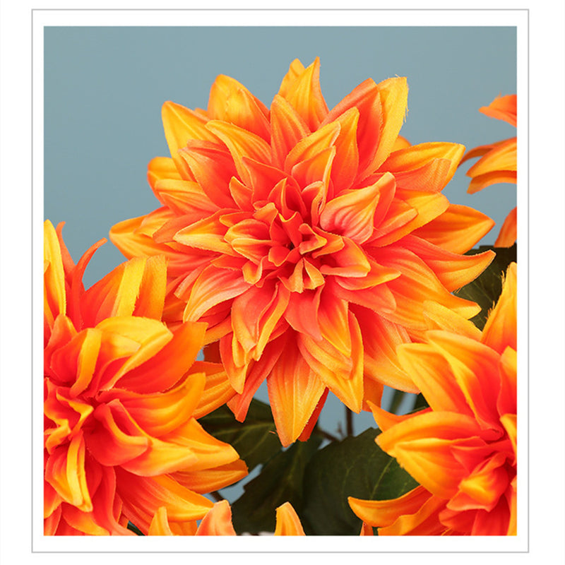 8 Pcs Faux Dahlia Stems, 21" Tall with Large 5" Blooms, Realistic Silk Flowers in Sunset Orange for Fall Wedding Bouquets, Home Decor Vase Arrangements