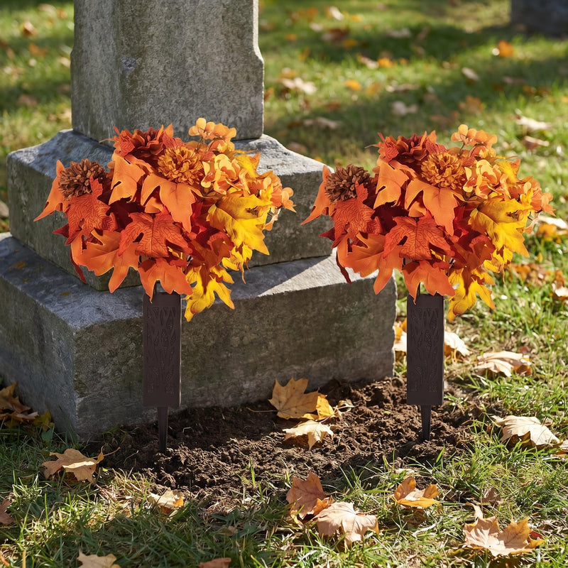 2 Pcs Realistic Fall Artificial Cemetery Flowers With Vase Dahlia & Mum Begonia Bouquet