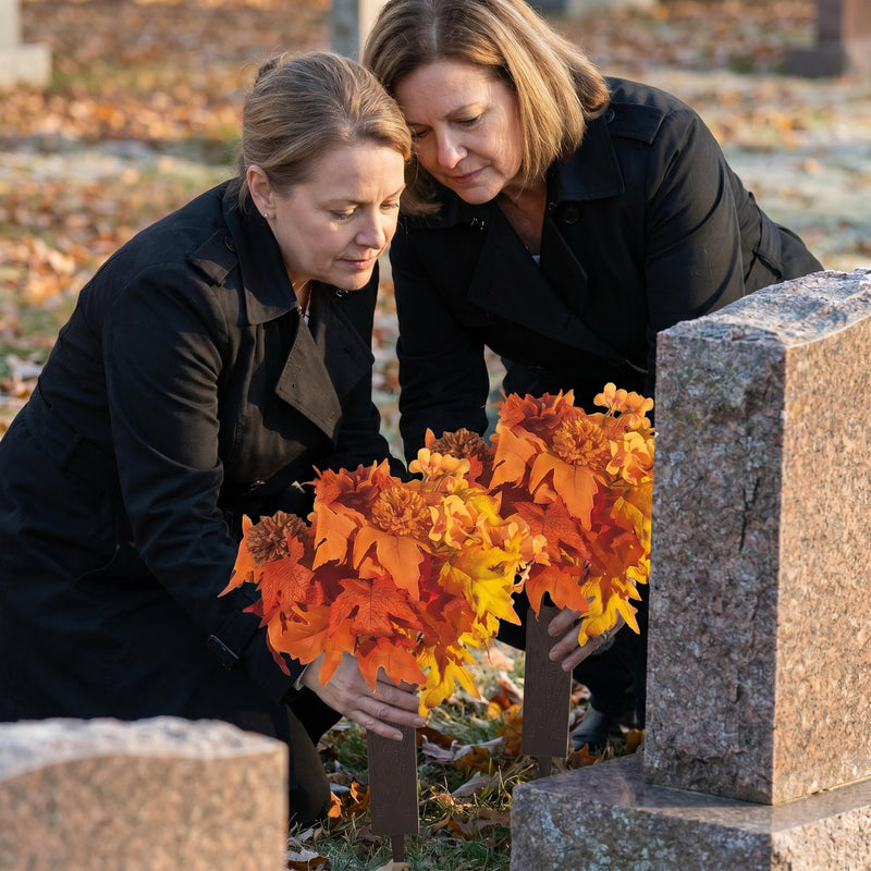 2 Pcs Realistic Fall Artificial Cemetery Flowers With Vase Dahlia & Mum Begonia Bouquet