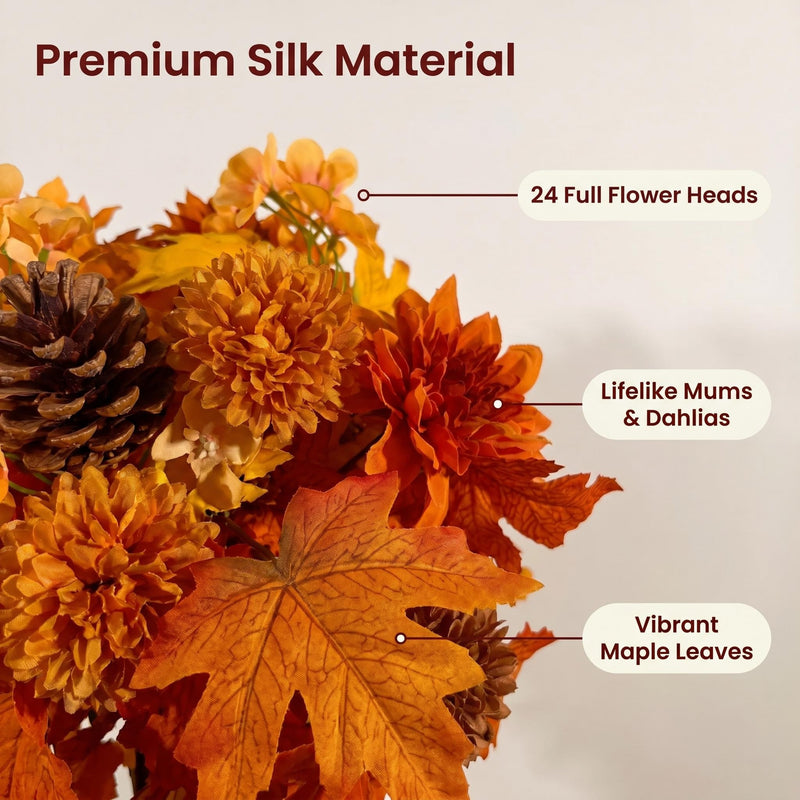 2 Pcs Realistic Fall Artificial Cemetery Flowers With Vase Dahlia & Mum Begonia Bouquet