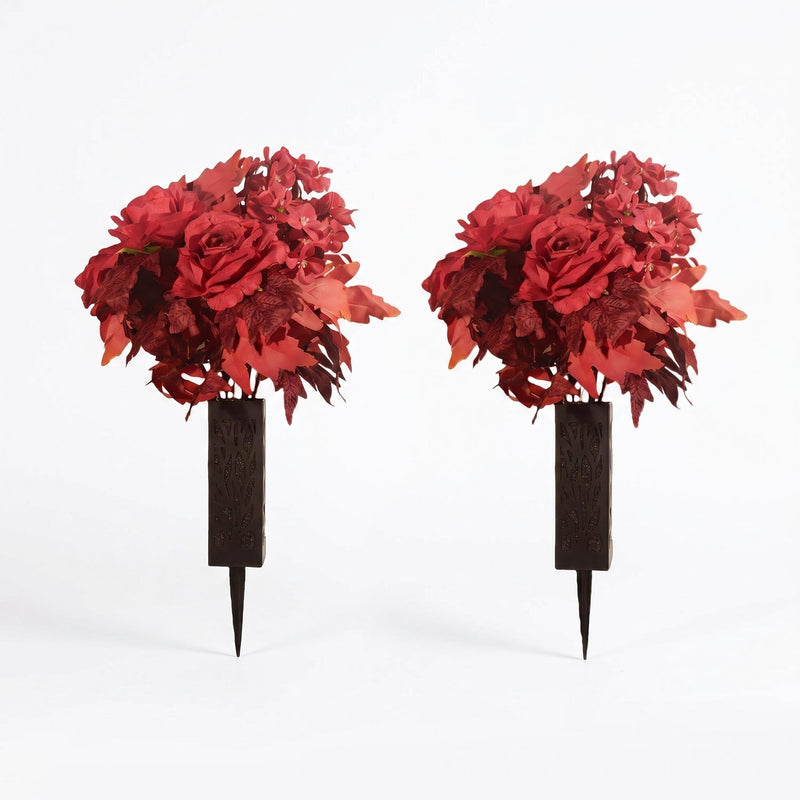 2-Pack Fall Grave Flowers – 24-Head Silk Rose & Begonia Bouquets with Ground Stakes